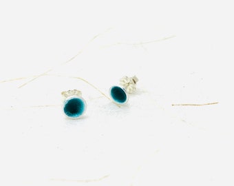 Stud Earrings  1/4” Turquoise Enamel Minimalist Earrings, Post Earrings, Small Earrings, Summer Earrings, Cute earrings, Fine Silver Earring