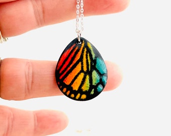 Butterfly Necklace, Rainbow Butterfly Necklace, Enamel Monarch Wing Pendant Necklace, Rainbow Necklace, Love Necklace, Pride Necklace