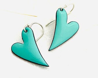 Heart Earrings, Mint Green Enamel, Minimalist Asymmetrical Heart Earrings, Mothers Day Earrings, Heart Gift, Anniversary Gift Earrings