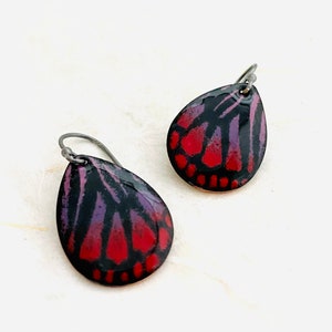 Butterfly Earrings, Colorful Enamel Monarch Butterfly Wing Earrings, Purple and Red Enamel Earrings, Handmade Earrings, Butterfly Lover Gift