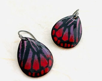 Butterfly Earrings, Colorful Enamel Monarch Butterfly Wing Earrings, Purple and Red Enamel Earrings, Handmade Earrings, Mothers Day Gift