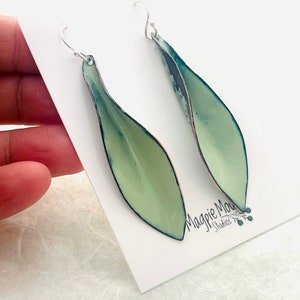 Large Leaf Earrings, Lichen Green Enamel Hand Formed Copper Enamel Earrings, Lichen Jewelry, Green Leaf Earrings, Women’s Earrings