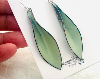 Large Leaf Earrings, Lichen Green Enamel Hand Formed Copper Enamel Earrings, Lichen Jewelry, Green Leaf Earrings, Women’s Earrings