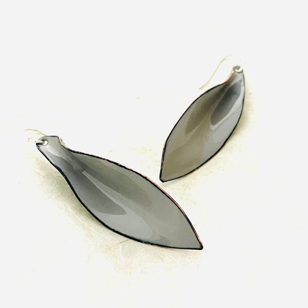 Large Leaf Earrings, Willow Gray Enamel Hand Formed Copper Earrings, Handmade Earrings, Statement Earrings, Gray Earrings, Women’s Earrings