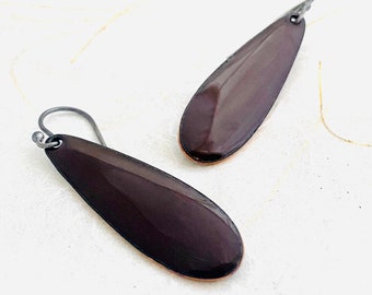 Long Teardrop Earrings, Mocha Brown Enamel,  Minimalist Teardrop Dangle Earrings, Brown Earrings, Neutral Color Earrings, Women’s Earrings