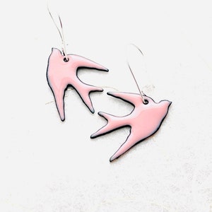Swallow Earrings, Petal Pink Enamel Earrings, Bird Dangle Earring, Handmade Earrings, Bird Earrings, Sparrow Earrings, Pink Earrings