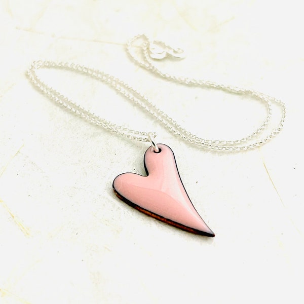 Heart Necklace, Petal Pink Enamel, Minimalist Asymmetrical Heart Pendant, Gift For Her, Pink Heart Jewelry, Cute Heart Necklace