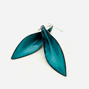 Handmade Spruce Green Enamel Leaf Earrings (large) , Sterling Silver Earwires