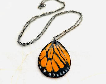 Handmade Black And Orange Enamel Monarch Butterfly Necklace, Sterling Silver Chain