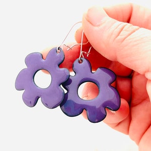 Retro Flower Earrings, Iris Purple Enamel, Copper Enamel Earrings, Fall Flower Earrings, Handmade Enamel Jewelry, Purple Flower Earrings