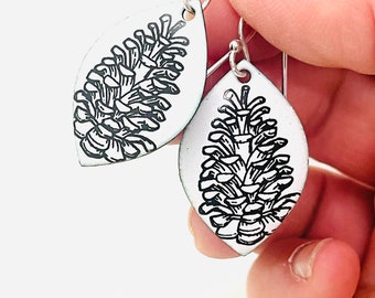 Pine Cone Earrings, White Enamel, Dangle Earrings, Handmade Earrings, Women’s Earrings, White Earrings, Pinecone Gift , Conifer Earrings