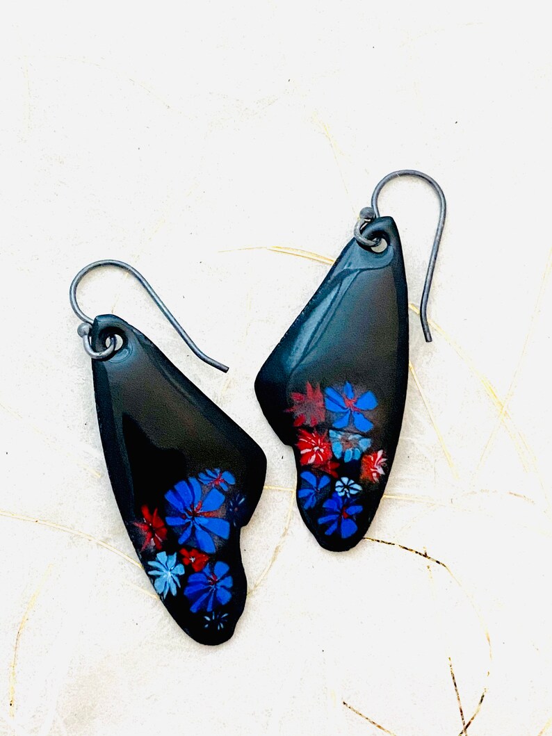 Wing Flower Earrings ~ Black Enamel Millefiori Dangle Earrings