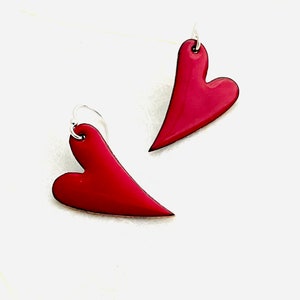 Heart Earrings, Red Enamel Minimalist Asymmetrical Heart Dangle Earrings, Red Heart Earrings, Gift For Her, Cute Heart Earrings