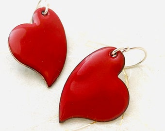 Heart Earrings, Red Enamel Earrings, Red Heart Earrings,  Asymmetrical Heart Earrings, Dangle Earrings, Valentines Day Gift Earrings