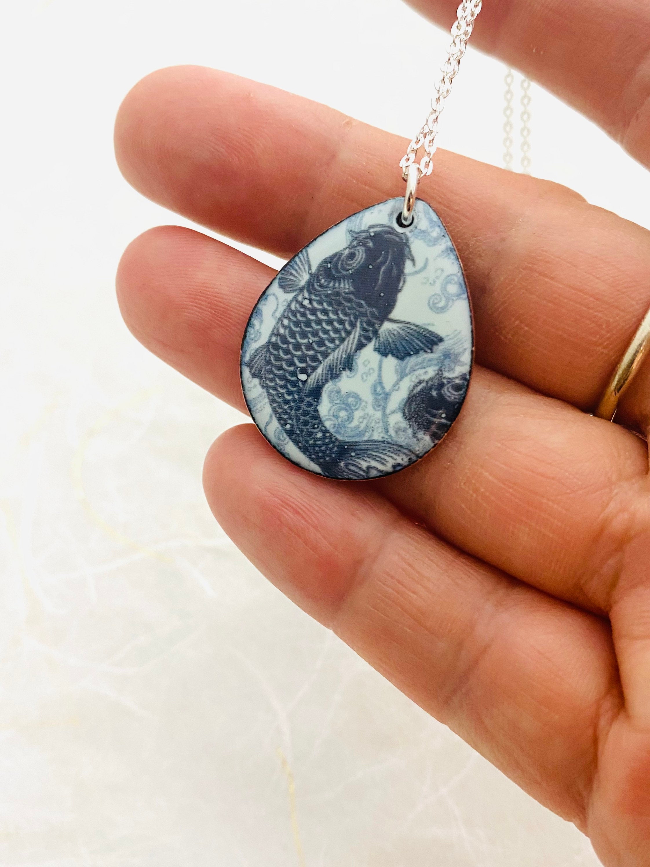 Koi Fish Necklace Blue Enamel Koi Fish Pendant Etsy