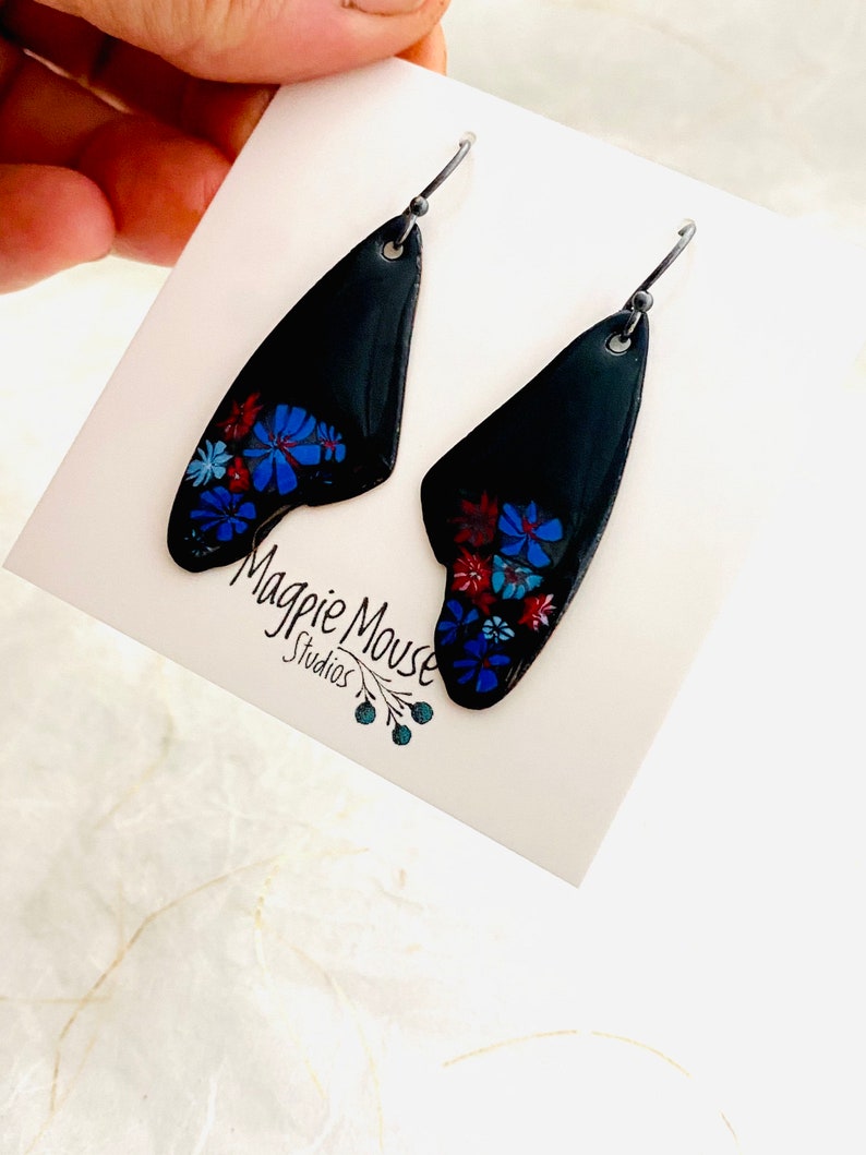 Wing Flower Earrings ~ Black Enamel Millefiori Dangle Earrings