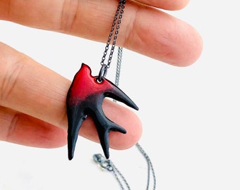 Swallow Necklace, Black & Red Enamel Bird Pendant, Bird Necklace, Enamel Necklace, Handmade Jewelry, Gift Necklace for women