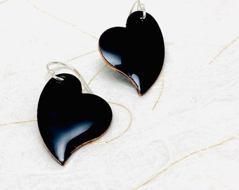 Heart Earrings, Black Enamel Earrings, Minimalist Asymmetrical Heart Drop Earrings, Women’s Earrings, Black Heart Earrings, Woman’s Earrings