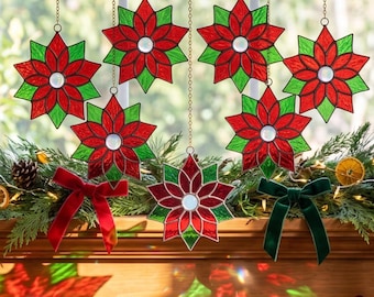 Christmas Poinsettia Stained Glass Pattern | Flower Suncatcher | Holiday Decor | Winter Gift | Digital Pattern Download