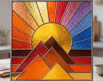 Mountain Sunset Landscape Stained Glass Pattern | Landscape Suncatcher | Nature Decor | Digital Download