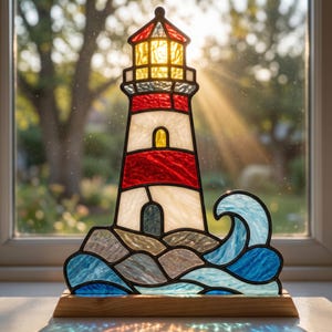 May include: A stained glass lighthouse with red and white stripes, a yellow light, and a blue wave design. The lighthouse sits on a wooden base. The lighthouse is approximately 25 cm tall.