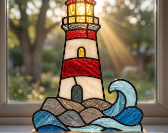 Lighthouse Stained Glass Pattern | Blue Waves Suncatcher DIY Home Decor (PDF Download)