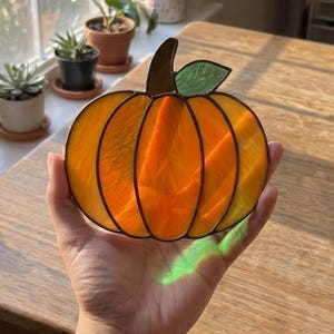 May include: A stained glass pumpkin suncatcher featuring vibrant orange glass segments with a dark brown stem and a single green leaf. The piece is constructed with dark metal solder lines separating each individual glass section.