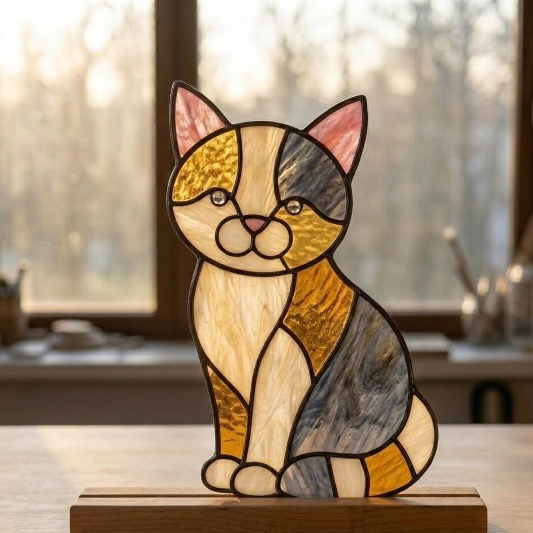 Cat Stained Glass Pattern: Calico DIY Suncatcher, Home Decor Printable ...