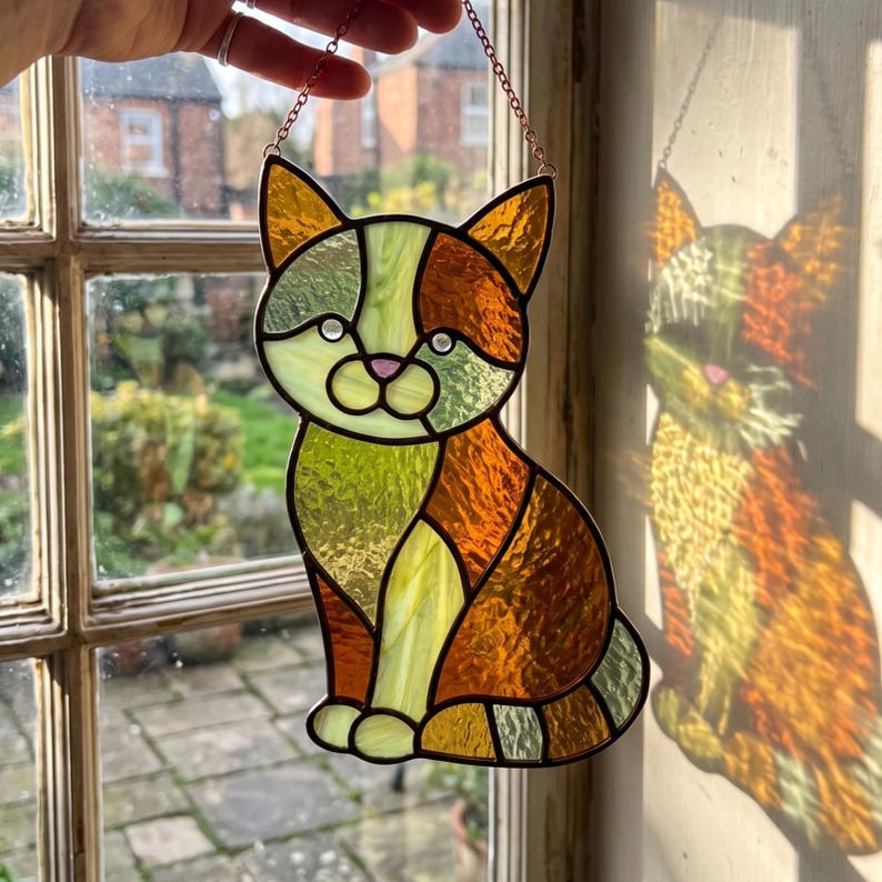 Cat Stained Glass Pattern: Calico DIY Suncatcher, Home Decor Printable ...