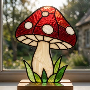 May include: A stained glass mushroom ornament with a red cap and white spots, positioned in front of a window. The mushroom features a cream-coloured stem and green glass blades of grass. It is mounted on a wooden base.
