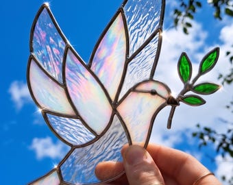 Peace Dove Stained Glass Pattern | Olive Branch Bird Suncatcher | Window Hanging Decor | Christian Memorial Wedding Gift