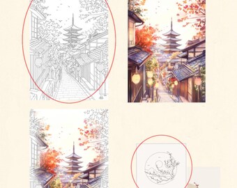 Può includere: Stampa artistica digitale raffigurante la via della pagoda Yasaka a Kyoto. L'immagine include un'illustrazione dettagliata di una scena di strada tradizionale giapponese con una pagoda, edifici e alberi. Il testo "Kyoto Yasaka Pagoda Street" è in alto.