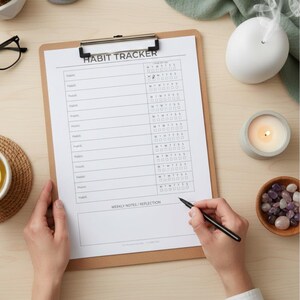 Pode incluir: Uma prancheta com um formulário "HABIT TRACKER", uma caneta e uma vela acesa. O formulário tem espaços para rastrear hábitos e anotações semanais. Uma pequena tigela de pedras, um difusor e uma xícara de chá também são visíveis.