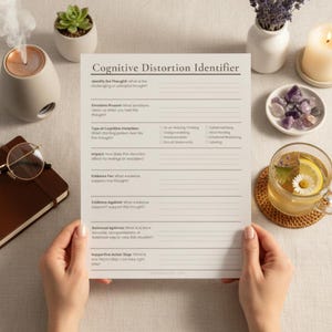 Op de afbeelding: Een persoon houdt een werkblad voor cognitieve vervorming vast. Het werkblad heeft secties voor het identificeren van gedachten, emoties en cognitieve vervormingen. De afbeelding bevat ook een diffuser, een vetplant, een notitieboek, een kaars en een kopje thee.