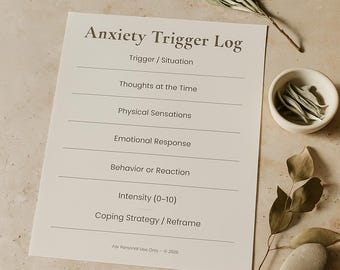 Anxiety Trigger Log Worksheet | CBT Printable | Track Triggers & Reactions | Mental Health Journal | Therapy Worksheet PDF
