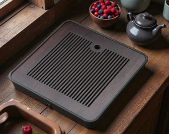 Japandi Bamboo Gongfu Tea Tray with Drain – Minimalist Wooden Tea Serving Board, Zen Tea Ceremony Decor