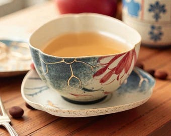 Wabi-Sabi Japanese Kintsugi Tea Cup – Red Floral Ceramic Bowl, One-of-a-Kind Artisan Gift for Tea Rituals