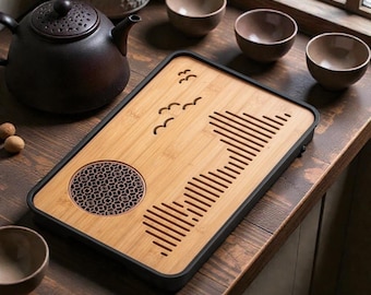 Minimalist Bamboo Gongfu Tea Tray – Elegant Tea Serving Board with Built-In Drain, Zen Chinese Tea Ceremony
