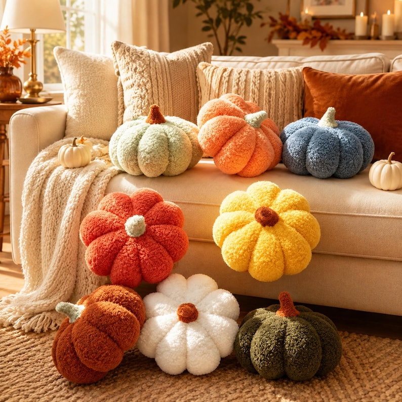 May include: A collection of plush, textured pumpkin-shaped pillows in various colors including sage green, orange, blue, red, yellow, white, and dark green. Each pillow features a distinct stem and ribbed design, arranged on and around a sofa.