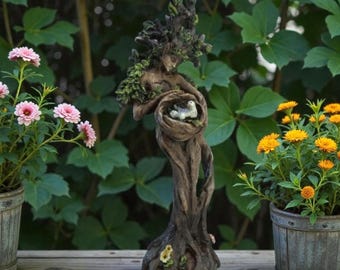 Tree Spirit Fairy Garden Statue with Bird Nest – Nature Goddess Outdoor Sculpture, Enchanted Garden Decor, Mystical Forest Spirit Figurine