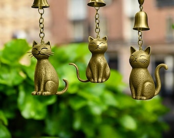 Vintage Bronze Gold Tone Cat Wind Chime – Cute Feline Garden Bell, Outdoor Porch Chime, Lucky Cat Home Decor Gift