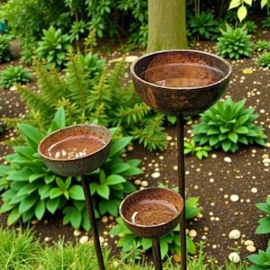 May include: Three rustic, metal bird baths of varying sizes are displayed outdoors. Each bowl-shaped bath is filled with water and mounted on a slender, dark metal pole. The bird baths are set in a garden with green plants and brown soil.