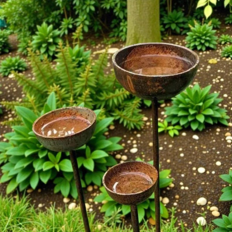 May include: Three rustic, metal bird baths of varying sizes are displayed outdoors. Each bowl-shaped bath is filled with water and mounted on a slender, dark metal pole. The bird baths are set in a garden with green plants and brown soil.