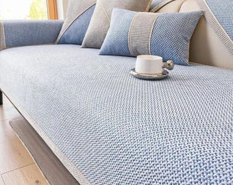 Funda de sofá moderna minimalista de lino – Protector antideslizante grueso para sofá de 3 plazas, funda de algodón tejido, manta para muebles para todas las estaciones, elegante