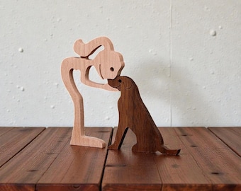 Wooden Family Sculpture – Girl & Dog Hug, Heartwarming Home Decor and Perfect Christmas Gift