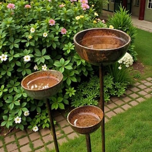 May include: Three rustic, metal bird baths of varying sizes are arranged in a garden setting. The bowls are filled with water and mounted on slender poles. Lush green foliage and colorful flowers provide a natural backdrop.