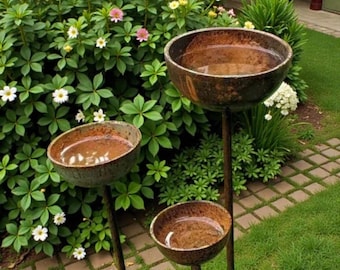 Christmas Gift Rustic Metal Rain Catcher Set of 3 – Festive Garden Decor with Bird & Bee Water Bowls