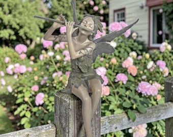 Whimsical Sitting Fairy Garden Statue – Resin Flute Player Fairy Figurine, Enchanted Garden Decor, Magical Outdoor Fairy Sculpture, Fantasy