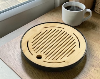 Bamboo Gongfu Tea Tray with Water Storage & Drain – Minimalist Chinese Kung Fu Tea Board, Slatted Tea Ceremony Table
