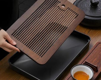 Minimalist Wooden Tea Tray – Gongfu Style Slatted Drain Board with Water Drip Design